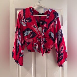 Express Red Floral Tie-Front Crop Top